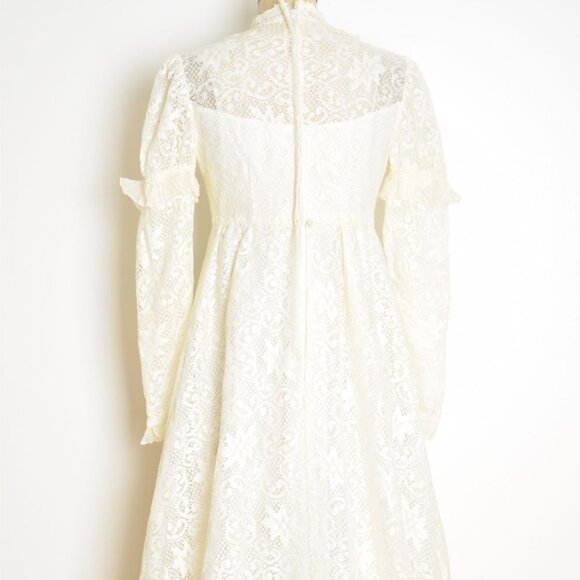 vintage 60s wedding dress cream crochet lace regency juliet gown puff sleeve S - Picture 10 of 11